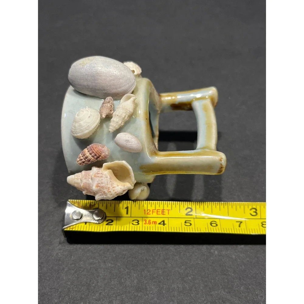 Vintage Miniature Shell Encrusted Ceramic Basket Coastal Beach Decor Trinket Cup